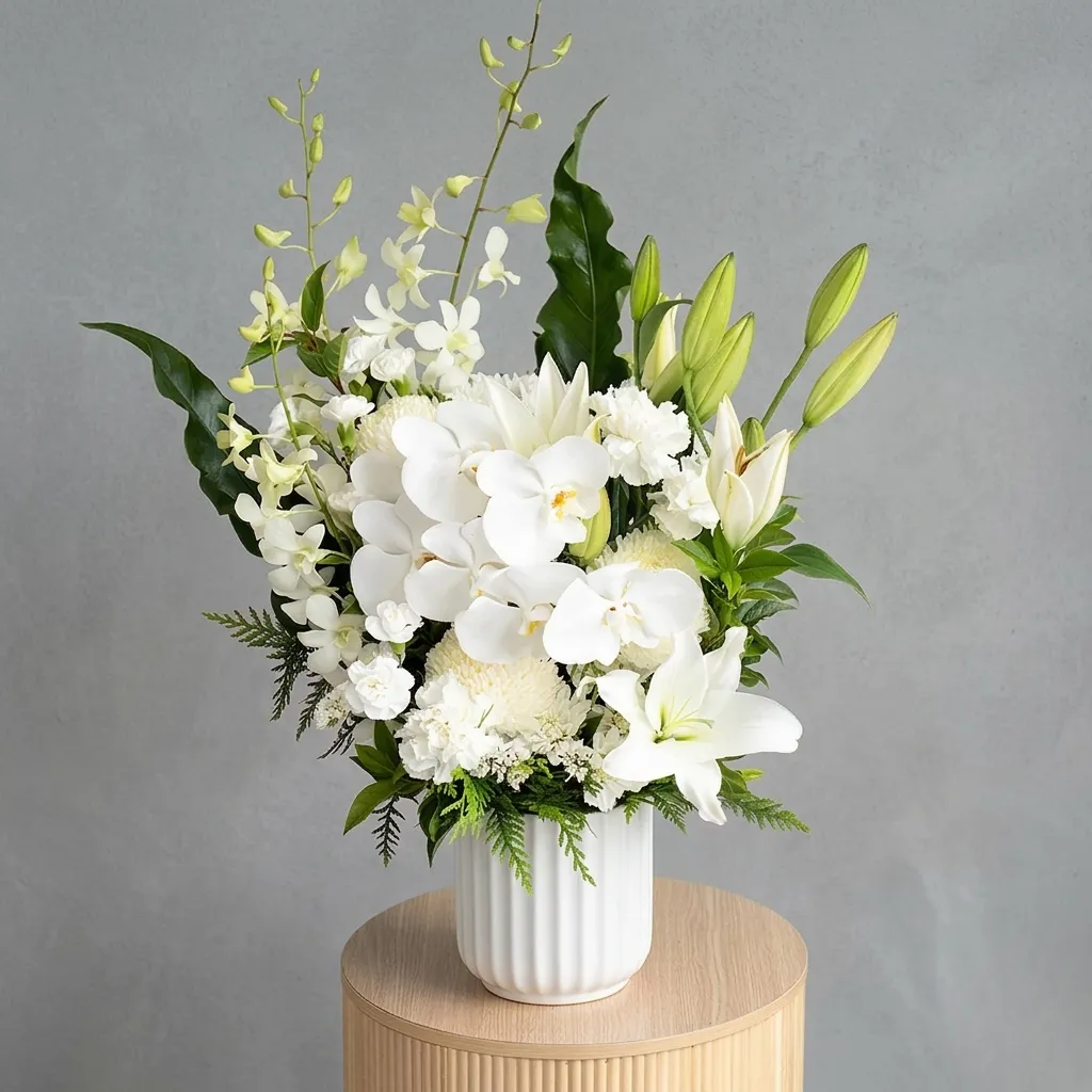 White and green arrangement in glass vase